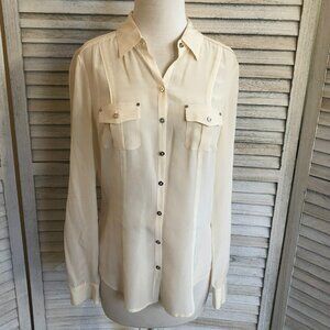 WHBM Long Sleeve Button Up Double-Breasted Ivory 100% Silk Blouse 4